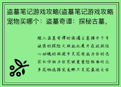 盗墓笔记游戏攻略(盗墓笔记游戏攻略宠物买哪个：盗墓奇谭：探秘古墓，揭开千年谜团)